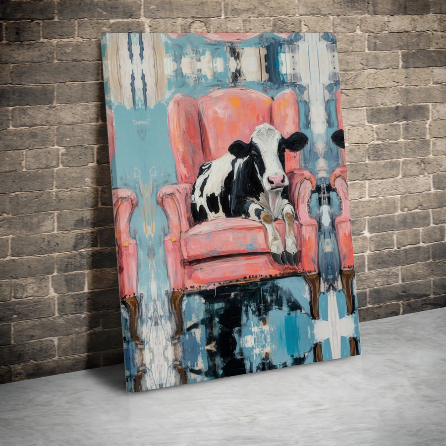 Cow in Pink Armchair Canvas Wall Art | Whimsical Abstract Farmhouse Decor | Premium Gallery Wrap Print | Unique Living Room Statement Piece