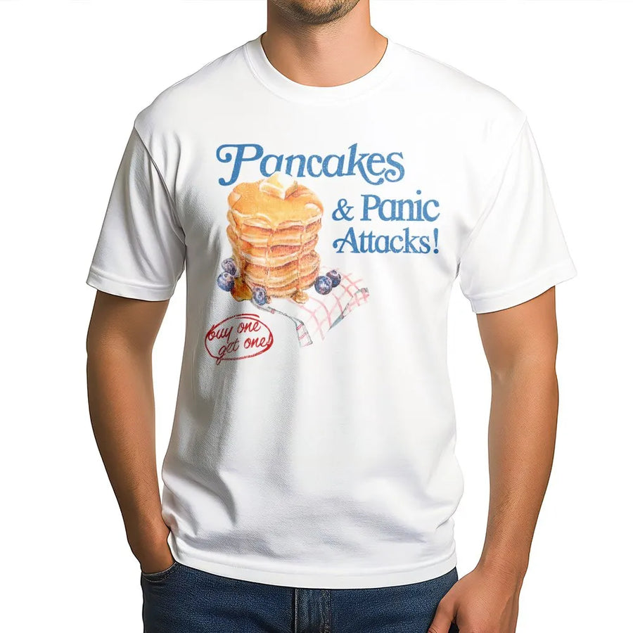 Pancakes & Panic Attacks T-Shirt | Funny Foodie Graphic Tee | Premium Cotton Soft Comfort | Sarcastic Relatable Gift For Women And Men