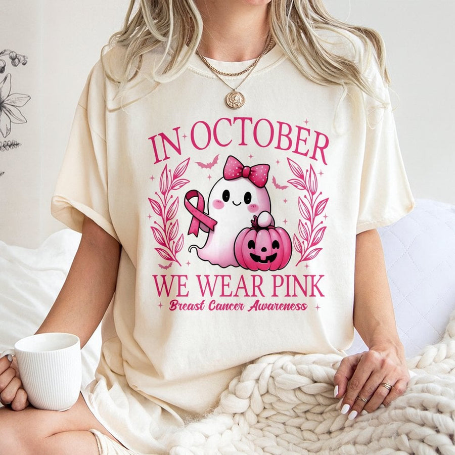 In October We Wear Pink T-Shirt | Breast Cancer Awareness Halloween Ghost Graphic | Premium 100% Cotton Tee | Gift for Women & Breast Cancer Survivors