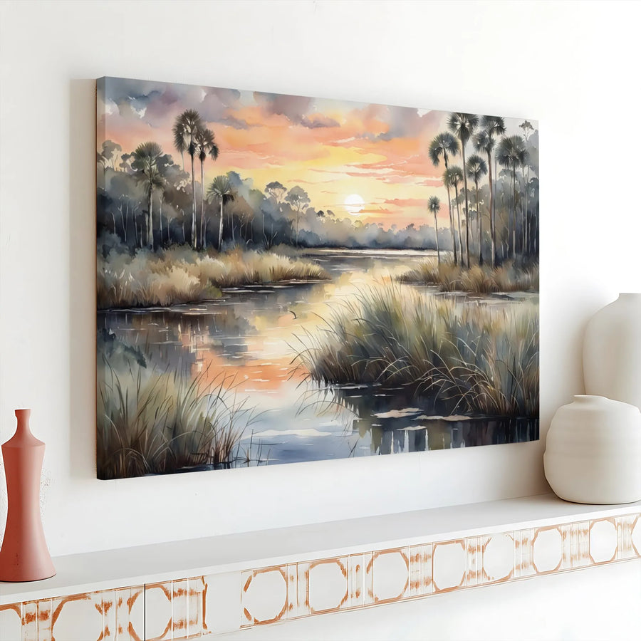 Florida Marsh Sunset Canvas Art | Coastal Palm Tree Watercolor Landscape | Premium 1.25" Gallery Wrap | Ready to Hang Tropical Home Decor