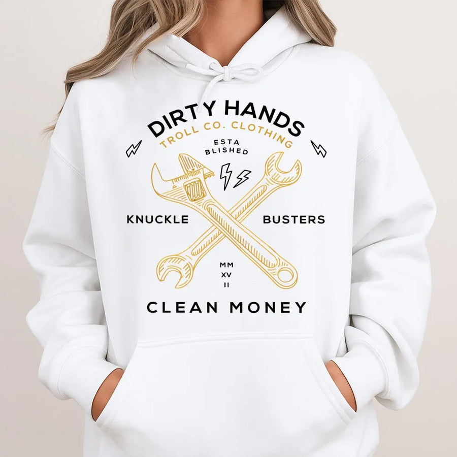 Dirty Hands Clean Money Hoodie | Mechanic Wrench Graphic Design | Premium Cotton Blend | Gift For Blue Collar Worker Mechanic Dad