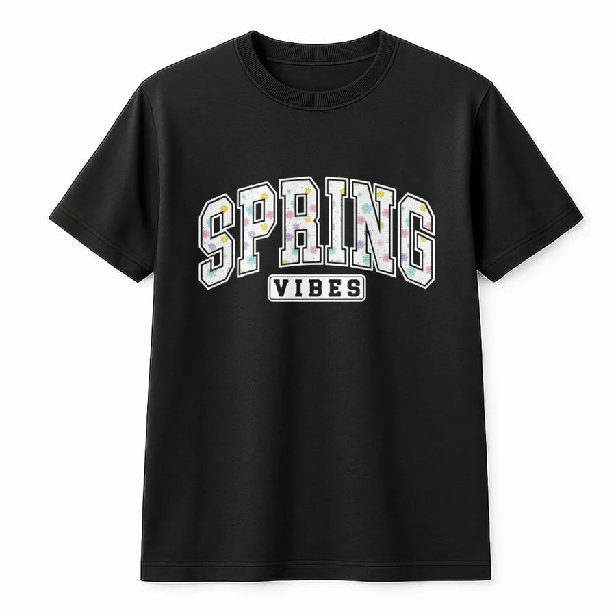 Spring Vibes Floral T-Shirt | Retro Collegiate Lettering | 100% Cotton Premium Tee | Cute Easter Outfit Gift for Women