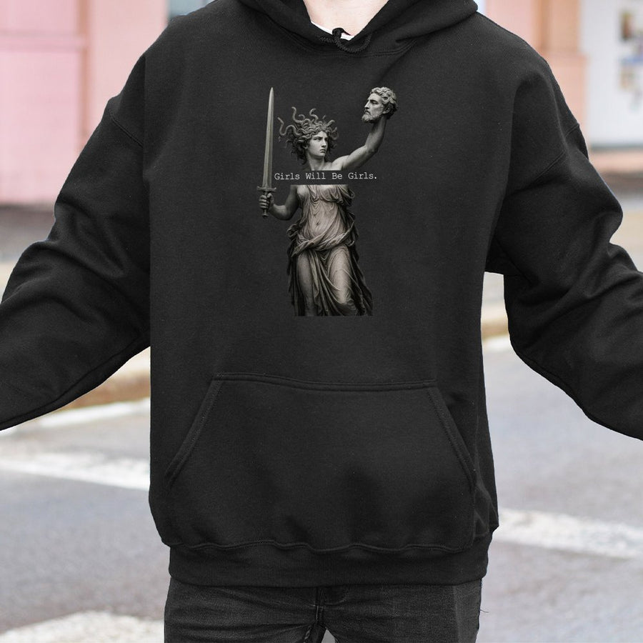 Medusa Girls Will Be Girls Hoodie | Greek Mythology Feminist Graphic Sweatshirt | Premium Cotton Blend | Gift For Mythology Lovers & Empowered Women