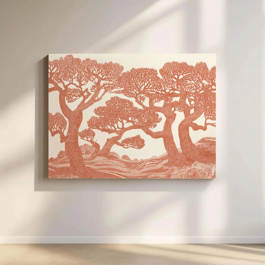 Terracotta Landscape Canvas Wall Art | Ancient Tree Grove Print | Gallery-Quality Framed or Unframed | Modern Minimalist Home Decor Gift