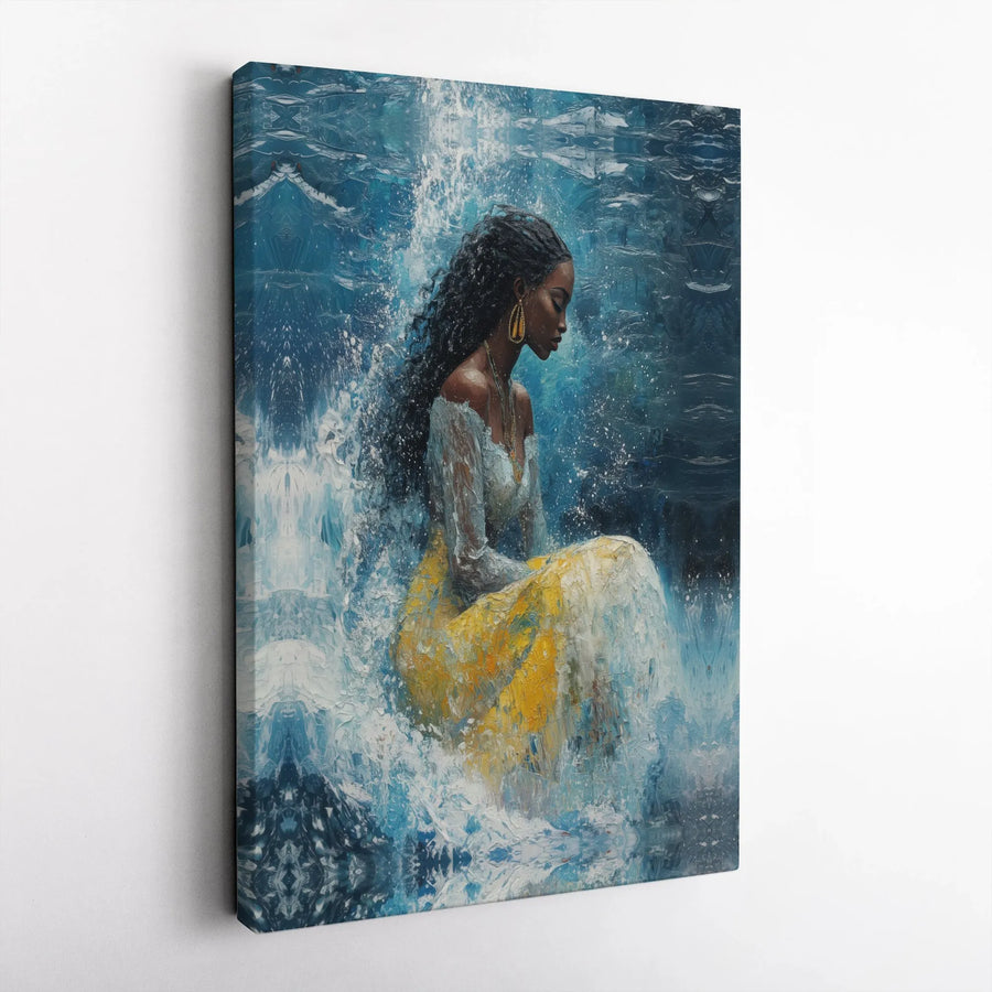 Black Woman Water Goddess Canvas Print | Abstract Ocean Portrait Painting | Premium Gallery Wrapped Wall Art | Afrocentric Spiritual Home Decor Gift