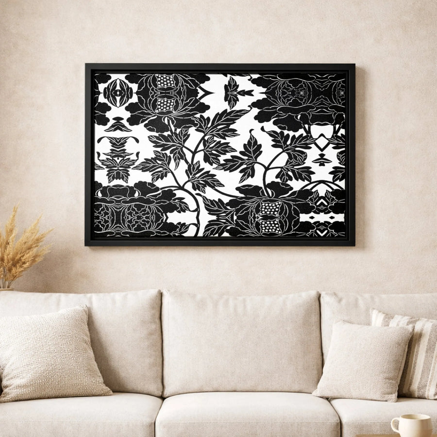 Black and White Floral Wall Art | Symmetrical Botanical Canvas Print | Premium Gallery-Wrapped 1.25" Profile | Modern Minimalist Home Decor Gift