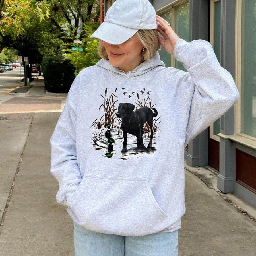 Black Labrador Retriever Hoodie | Vintage Hunting Dog Duck Illustration | Premium Cotton Blend Sweatshirt | Wildlife Nature Lover Gift