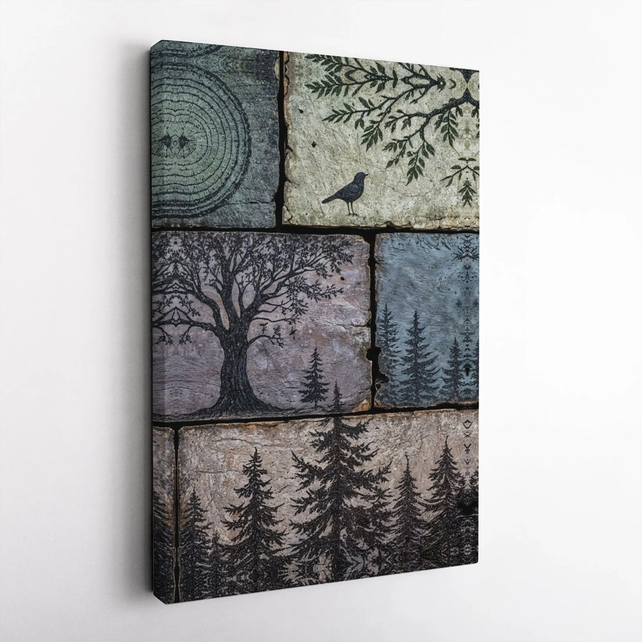 Rustic Nature Wall Art | Woodland Tree Ring and Forest Collage Print | Premium Gallery Wrapped Canvas | Earthy Forest Home Decor Gift
