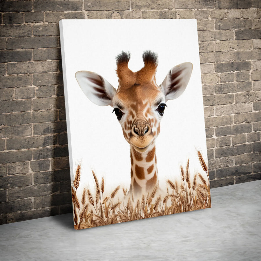 Baby Giraffe Canvas Wall Art | Cute Safari Animal Portrait in Wheat Field | Premium Gallery Wrapped Canvas | Nursery Decor Gift for Kids Room