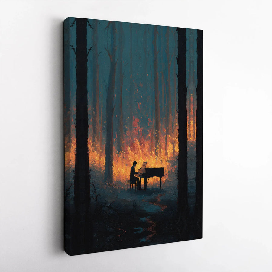 Surreal Forest Fire Canvas Print | Pianist in Burning Woods Painting | Premium High-Resolution Art | Moody Office Decor Gift for Musician