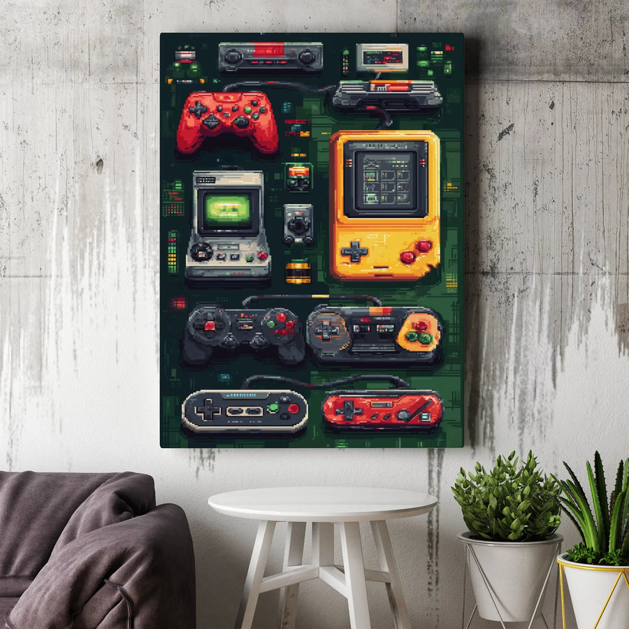 Retro Gaming Console Wall Art | Nostalgic 8-Bit Pixel Controller Canvas | Premium Fade-Resistant Print | Gamer Room & Office Decor Gift