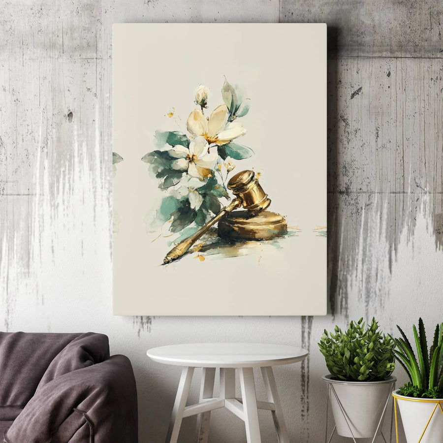 Judge Gavel Canvas Wall Art | Watercolor Floral Justice Print | Premium Stretched Canvas | Collector's Gift for Lawyer, Judge, Law Student