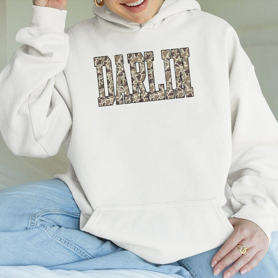 Darlin Camo Hoodie | Western Varsity Lettering Graphic | Cotton-Poly Blend Premium Comfort | Country Girl Gift for Her