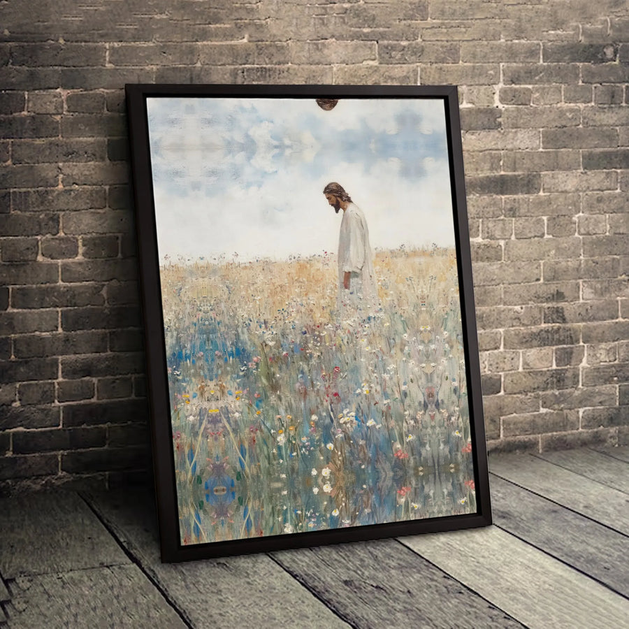 Jesus Walking in Wildflower Field Canvas | Christian Wall Art | 1.25 Inch Premium Gallery Wrap | Religious Home Decor Gift