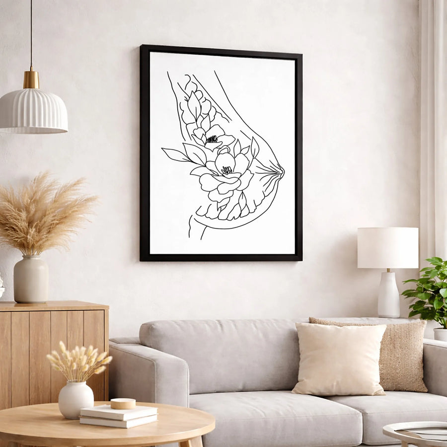 Minimalist Floral Breast Line Art Canvas | Abstract Botanical Female Body Wall Decor | Premium 1.25" Thick Gallery Wrap | Modern Home Office Gift