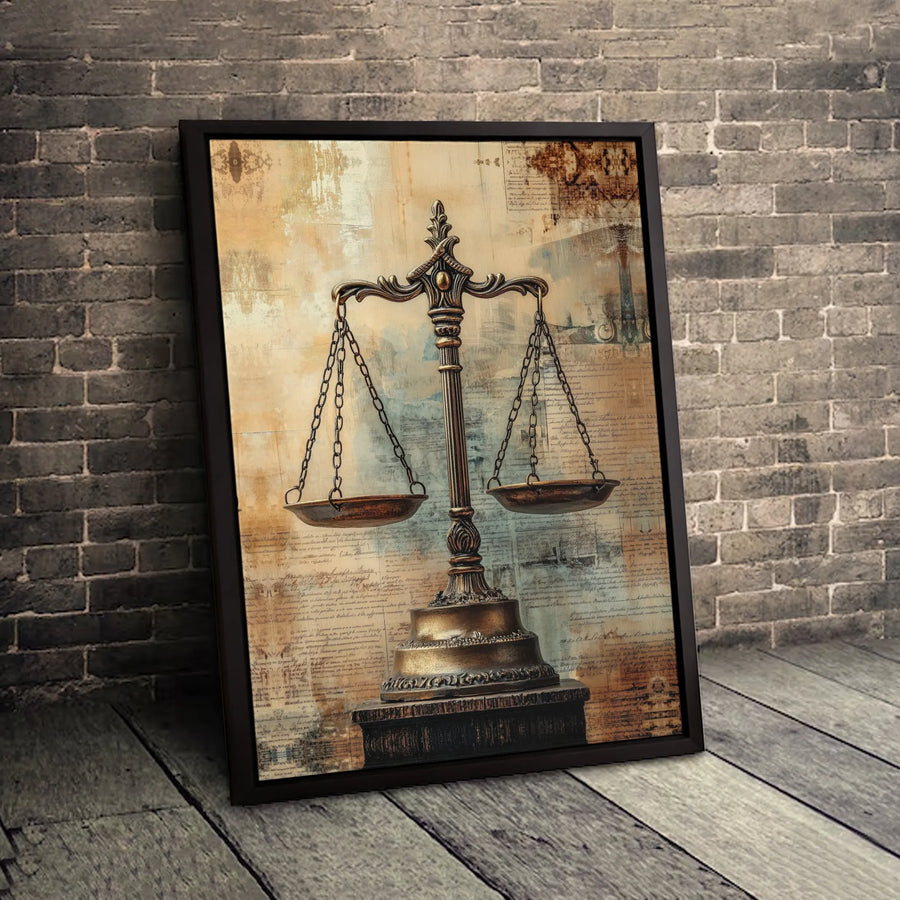 Scales of Justice Wall Art | Vintage Manuscript Law Office Decor | Premium Fade-Resistant Canvas | Professional Lawyer Gift