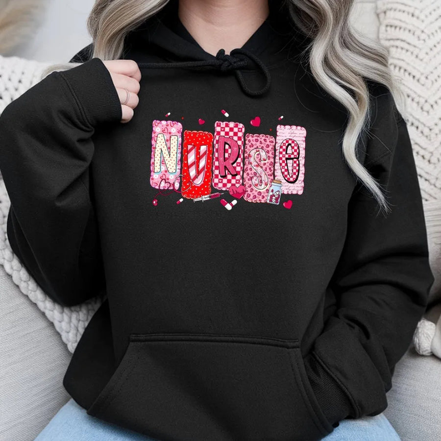 Nurse Valentine Hoodie | Pink Hearts and Stethoscope Graphic | Premium Cotton Blend | Cute Valentines Day Gift for Nurses and Nursing Students