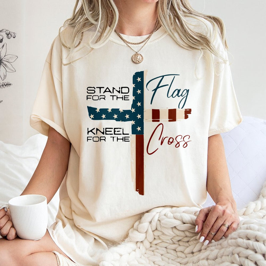 Stand For The Flag Kneel For The Cross T-Shirt | Patriotic American Flag Religious Graphic | 100% Cotton Premium Tee | Faith & Country Gift For Men Women