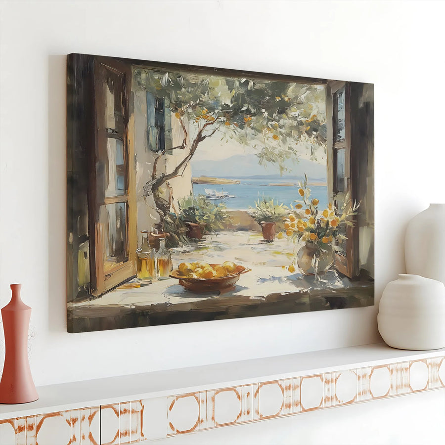 Mediterranean Seascape Canvas | Impressionist Coastal Window View Art | Premium Gallery Wrap Print | Living Room & Kitchen Wall Decor Gift