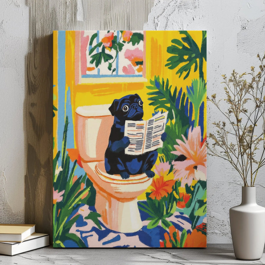 Black Pug Wall Art | Funny Dog Reading Newspaper on Toilet | Gallery Wrapped Canvas Decor | Whimsical Bathroom Gift for Dog Lovers
