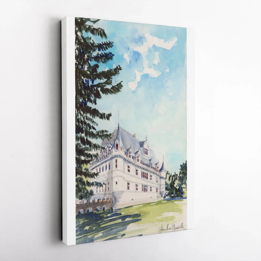 Château d'Azay-le-Rideau Canvas Wall Art | Watercolor French Castle Painting | Premium Fade-Resistant Print | Collector's Gift for France Traveler