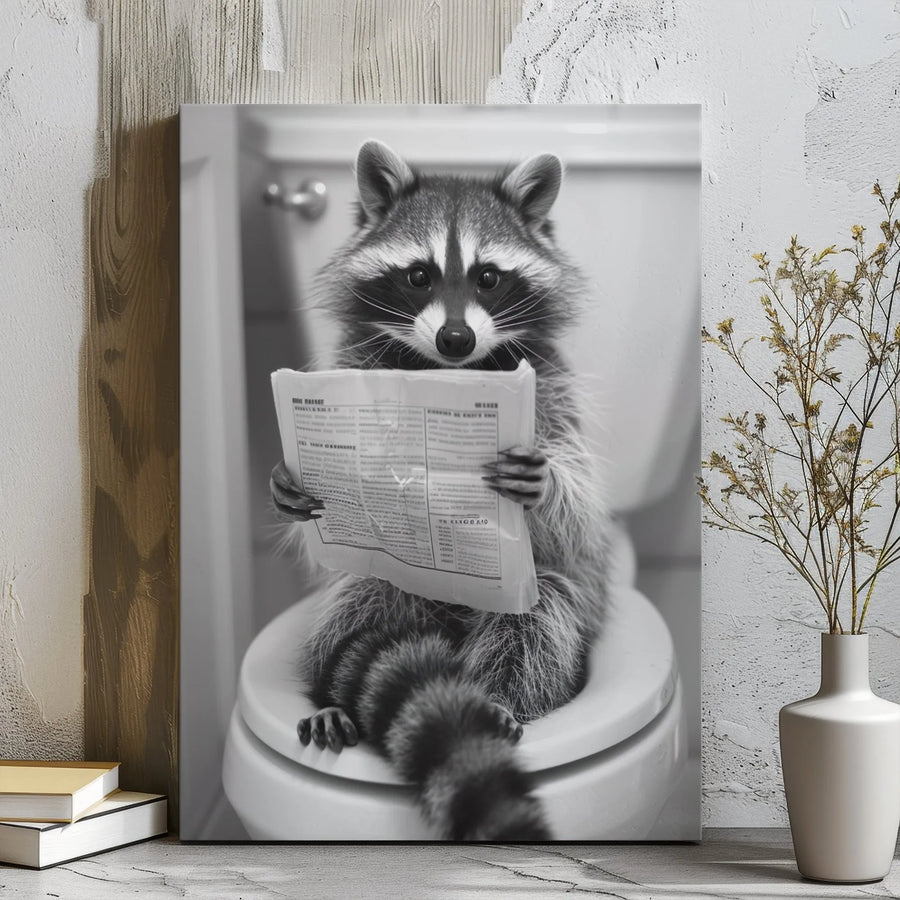 Funny Raccoon Bathroom Wall Art | Reading Newspaper Toilet Decor | Premium Gallery-Wrapped Canvas | Quirky Gift for Bathroom Decor