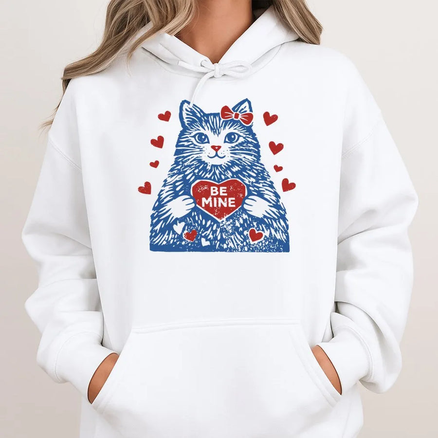 Cat Valentine Hoodie | Be Mine Graphic Print | Premium Cotton-Blend Pullover | Cute Animal Lover Gift for Her and Him