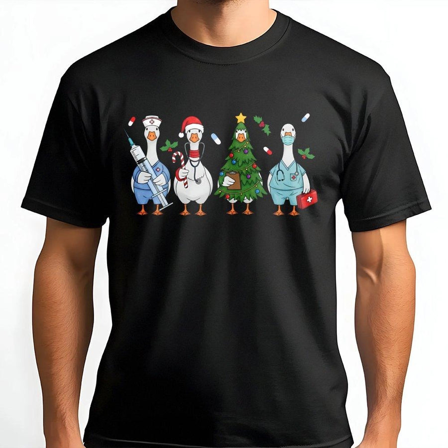 Christmas Nurse Goose T-Shirt | Funny Medical Holiday Graphic | 100% Cotton Premium Tee | RN Nursing Student Gift