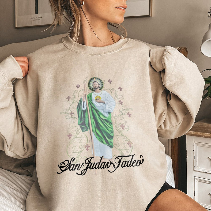 San Judas Tadeo Sweatshirt | Saint Jude Religious Graphic Art | Premium Cotton Blend Crewneck | Catholic Faith Gift for Devotion