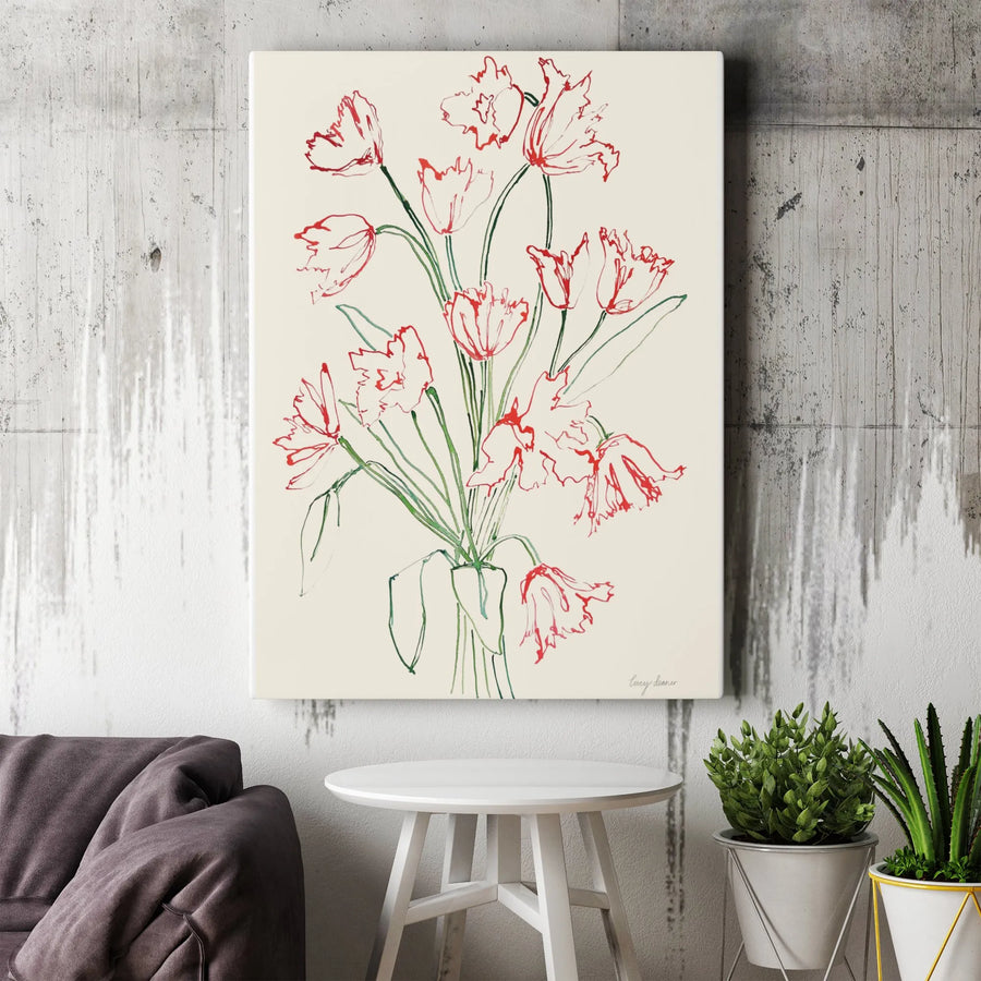 Red Tulip Sketch Canvas Wall Art | Minimalist Botanical Line Drawing | Premium 1.25" Thick Profile | Living Room Decor Gift