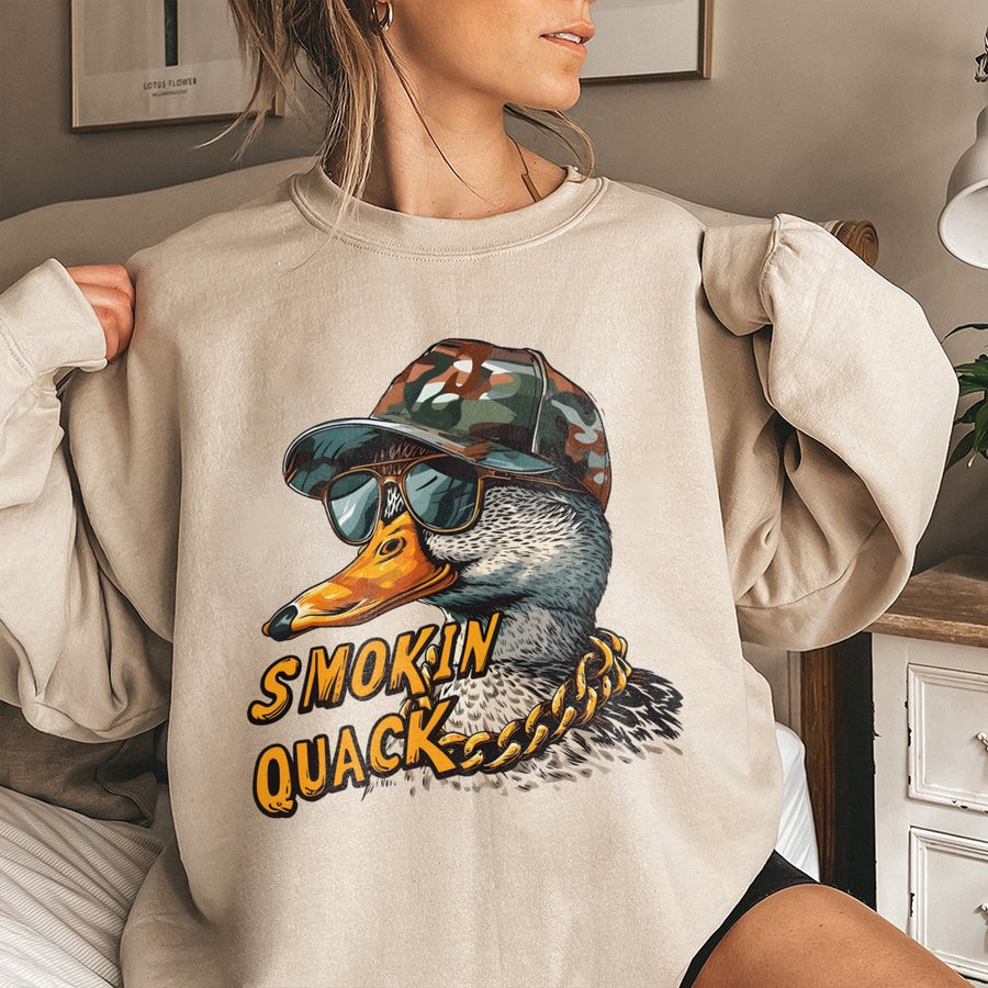 Smokin Quack Duck Sweatshirt | Funny Urban Camo Hat Design | Premium Cotton Blend | Quirky Gift for Duck Hunters and Bird Lovers