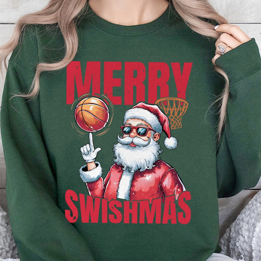 Merry Swishmas Basketball Santa Sweatshirt | Funny Sports Holiday Graphic | Premium Cotton Blend Crewneck | Basketball Player Christmas Gift