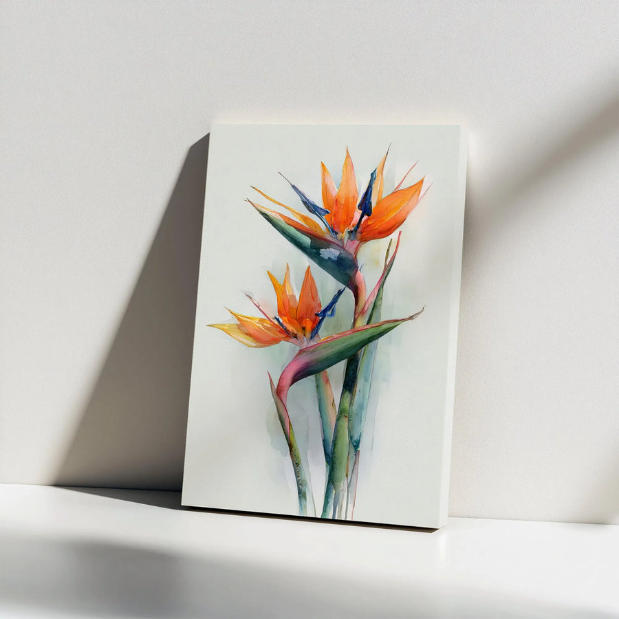 Bird of Paradise Vertical Canvas | Watercolor Tropical Flower Art | Premium Gallery Wrapped Print | Modern Botanical Home Decor Gift