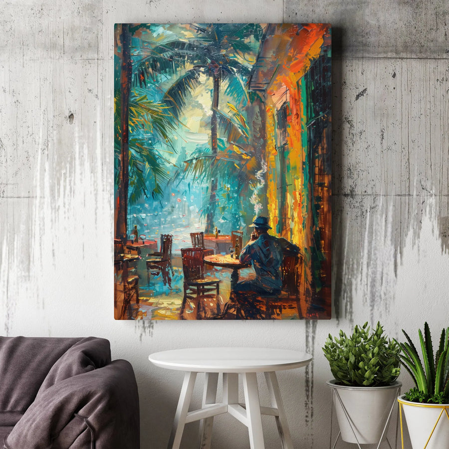 Tropical Cafe Impressionist Wall Art | Man in Fedora Palm Tree Painting | 1.25” Thick Gallery Canvas | Atmospheric Home Decor Gift