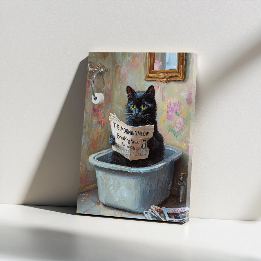 Funny Black Cat Canvas Wall Art | Cat Reading Newspaper in Bathtub | Premium Canvas Print | Humorous Bathroom Decor Gift for Cat Lover