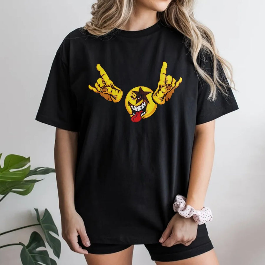 Rock On Smiley Face T-Shirt | Edgy Tongue Out Devil Emoji Graphic | 100% Cotton Premium Quality | Unisex Streetwear Gift For Men And Women
