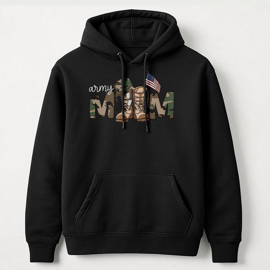 Army Mom Hoodie | Camo Combat Boots & American Flag Graphic | Premium Cotton Blend | Proud Military Mother Gift