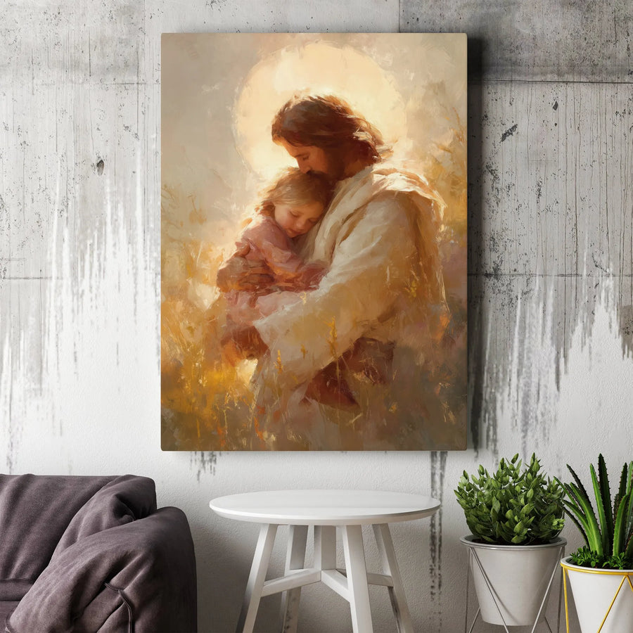Jesus Holding Child Vertical Canvas | Christian Faith Artwork Print | Premium Gallery Wrap | Spiritual Gift for Home Decor