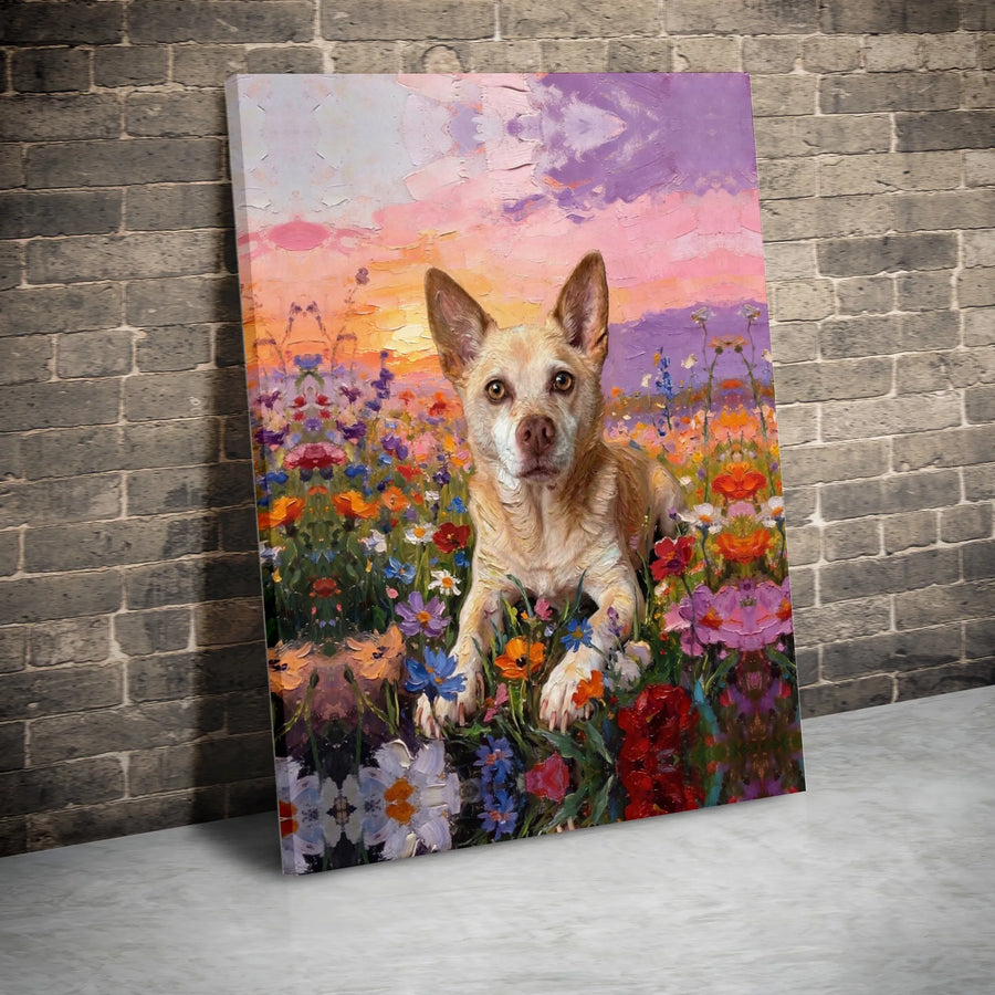 Dog in Wildflowers Canvas Wall Art | Colorful Flower Meadow Oil Painting Style | Premium Gallery Wrapped Canvas | Gift for Dog Lover Home Decor