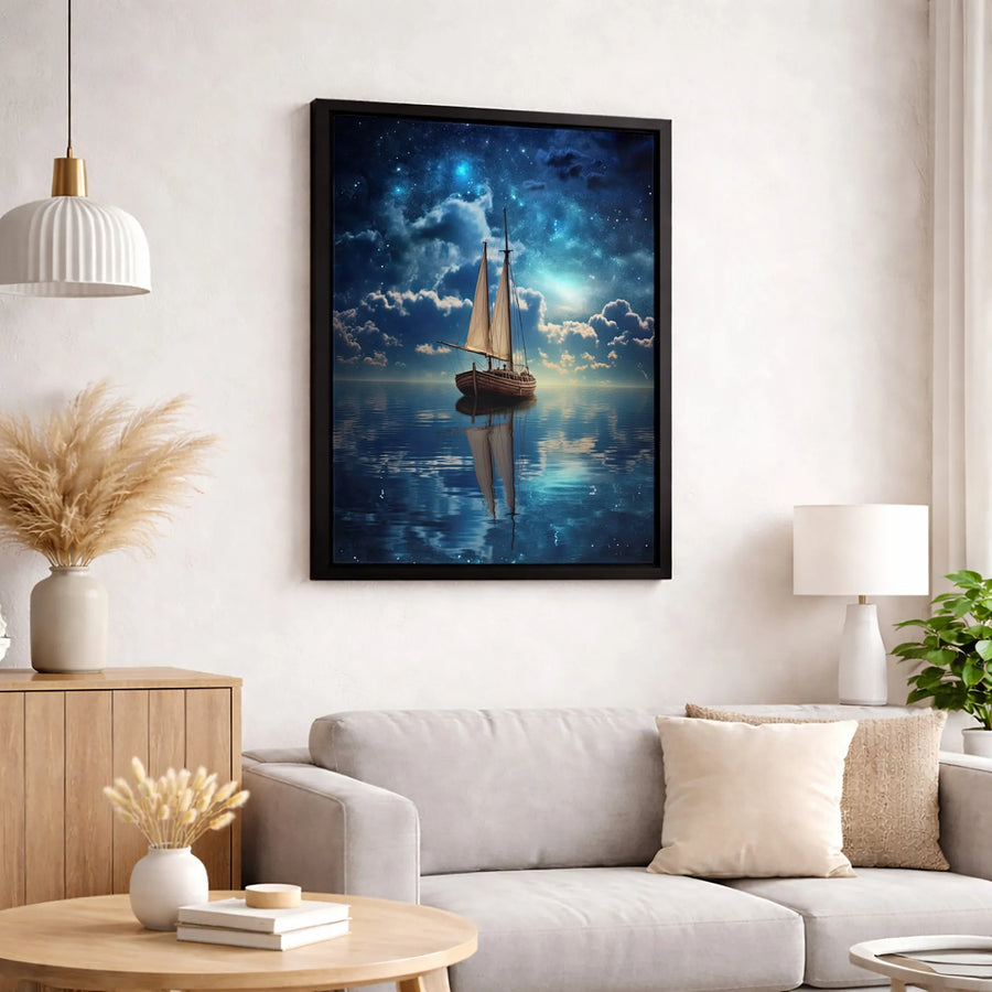 Sailboat Canvas Wall Art | Starry Night Galaxy Nautical Print | 1.25 Inch Premium Gallery Wrap | Home Office Decor Gift For Sea Lovers