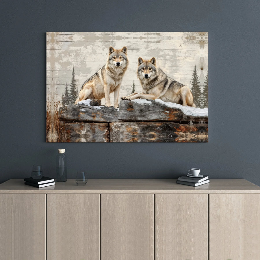Two Wolves Canvas Wall Art | Rustic Winter Forest Wildlife Print | Premium Gallery Wrap Decor | Nature Lover Gift