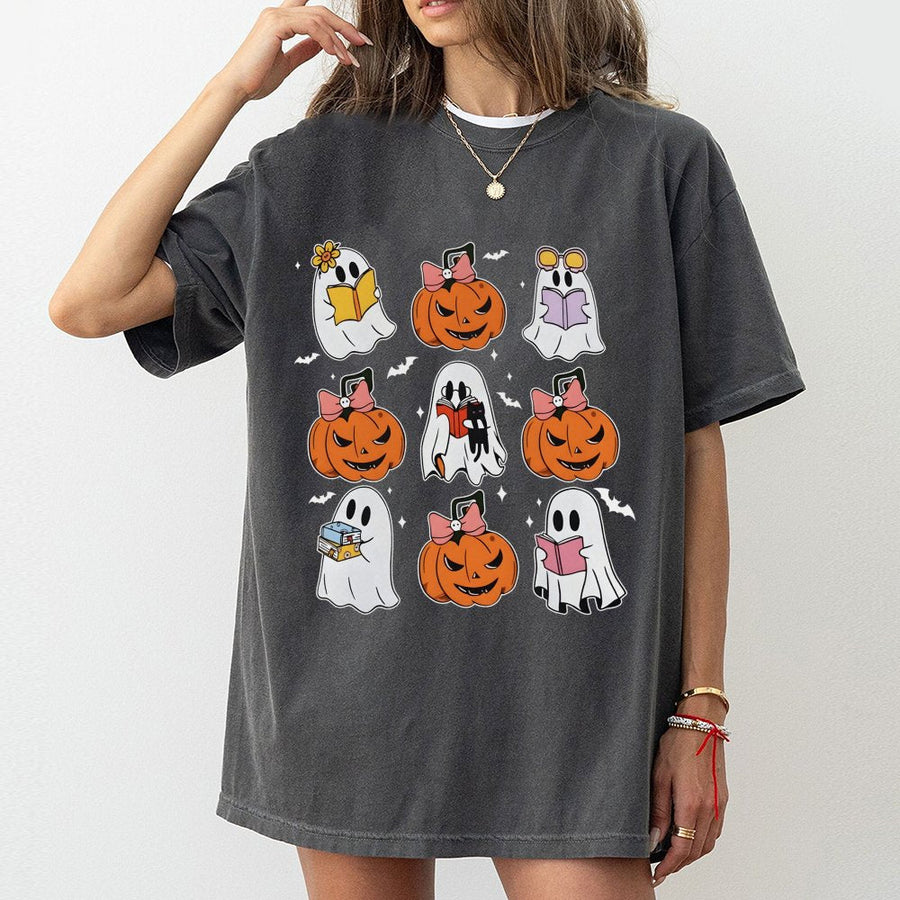 Cute Ghost Pumpkin T-Shirt | Reading Ghosts and Jack-O-Lanterns Graphic | 100% Cotton Premium Tee | Spooky Season Gift for Book Lovers