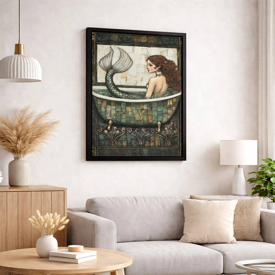 Mermaid Wall Art | Vintage Aesthetic Bathtub Portrait | Premium Gallery-Wrapped Canvas | Whimsical Nautical Home Decor Gift