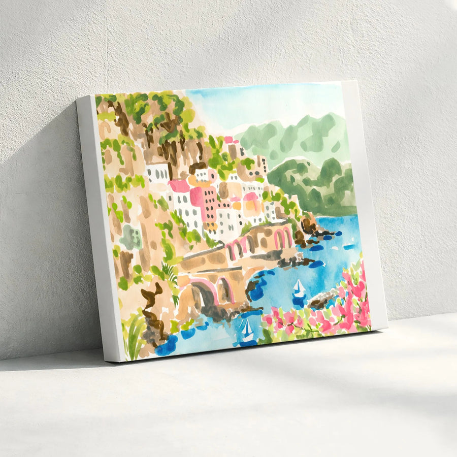 Sorrento Italy Canvas Print | Watercolor Coastal Village Art | Premium Gallery Wrapped Canvas | Gift for Traveler & Italian Home Decor