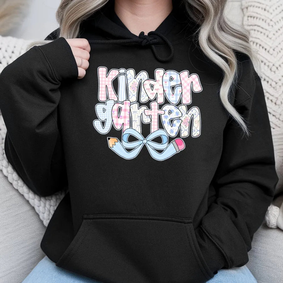 Kindergarten Teacher Hoodie | Coquette Pencil Bow Graphic | Premium Cotton Blend | Gift for New Teacher Back to School Outfit
