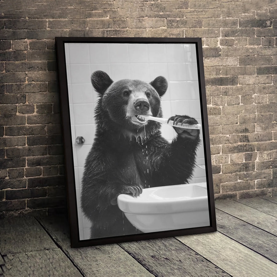 Bear Brushing Teeth Canvas Art | Funny Bathroom Wall Decor | 1.25 Inch Gallery Wrap | Whimsical Animal Portrait for Kids or Guest Bathroom