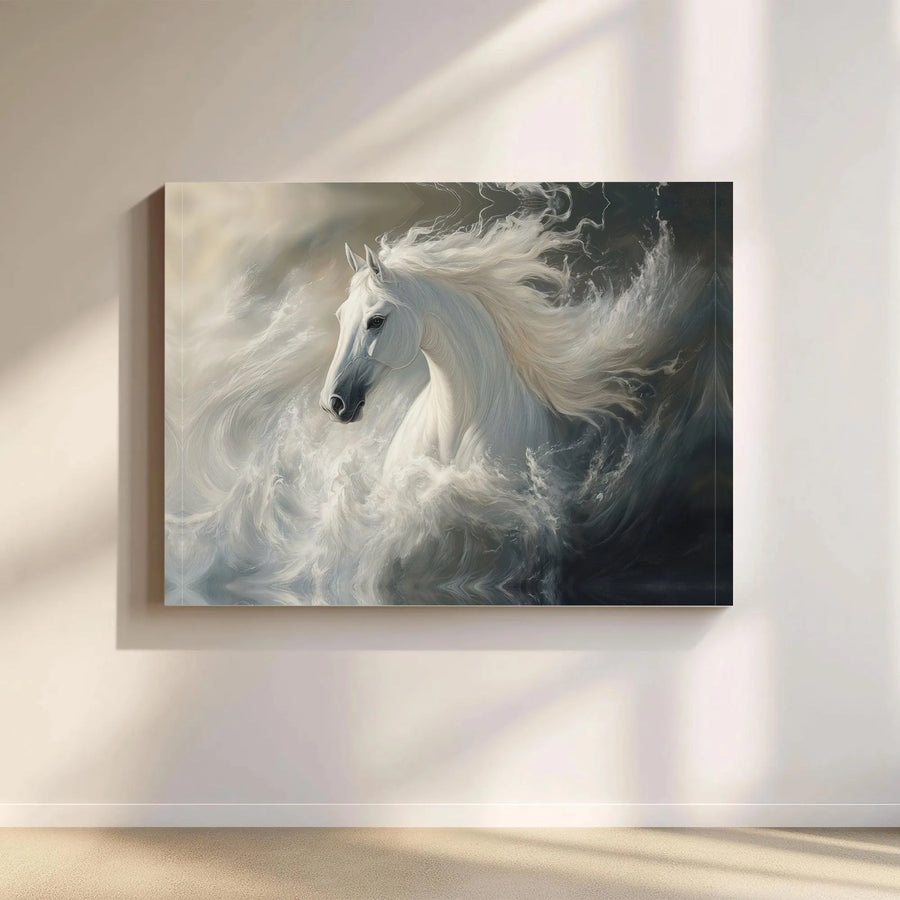 Majestic White Horse Wall Art | Ethereal Ocean Waves Canvas Print | 1.25 Inch Gallery Wrap | Elegant Nature Decor for Living Room