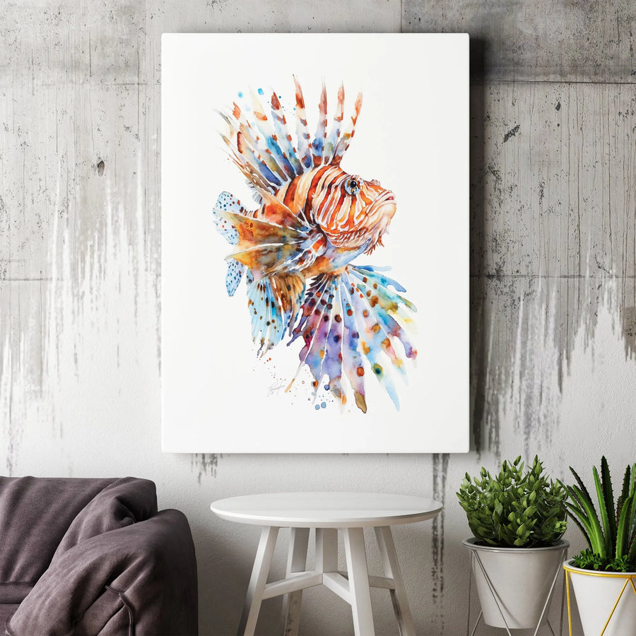 Lionfish Wall Art Canvas | Colorful Watercolor Sea Life Print | Premium 1.25-Inch Gallery Wrap | Coastal Decor Gift for Ocean Lovers