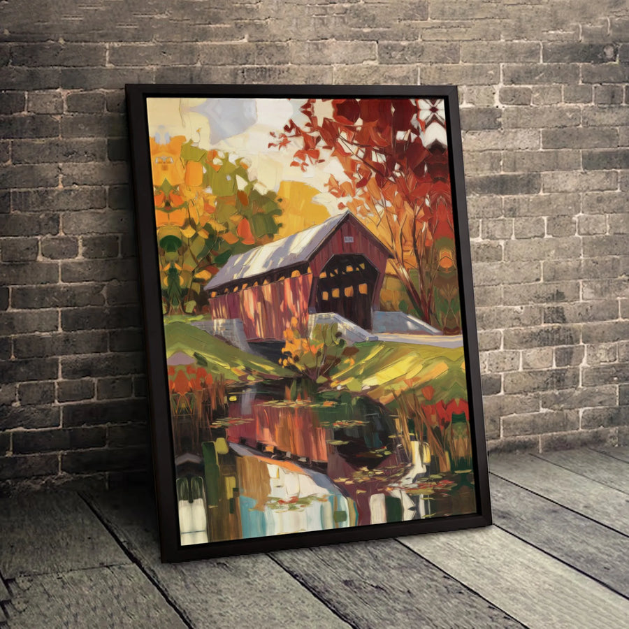 Covered Bridge Autumn Landscape Canvas Print | Impressionist Fall Foliage Wall Art | Premium Fade-Resistant Gallery Wrap | Rustic Home Decor Gift