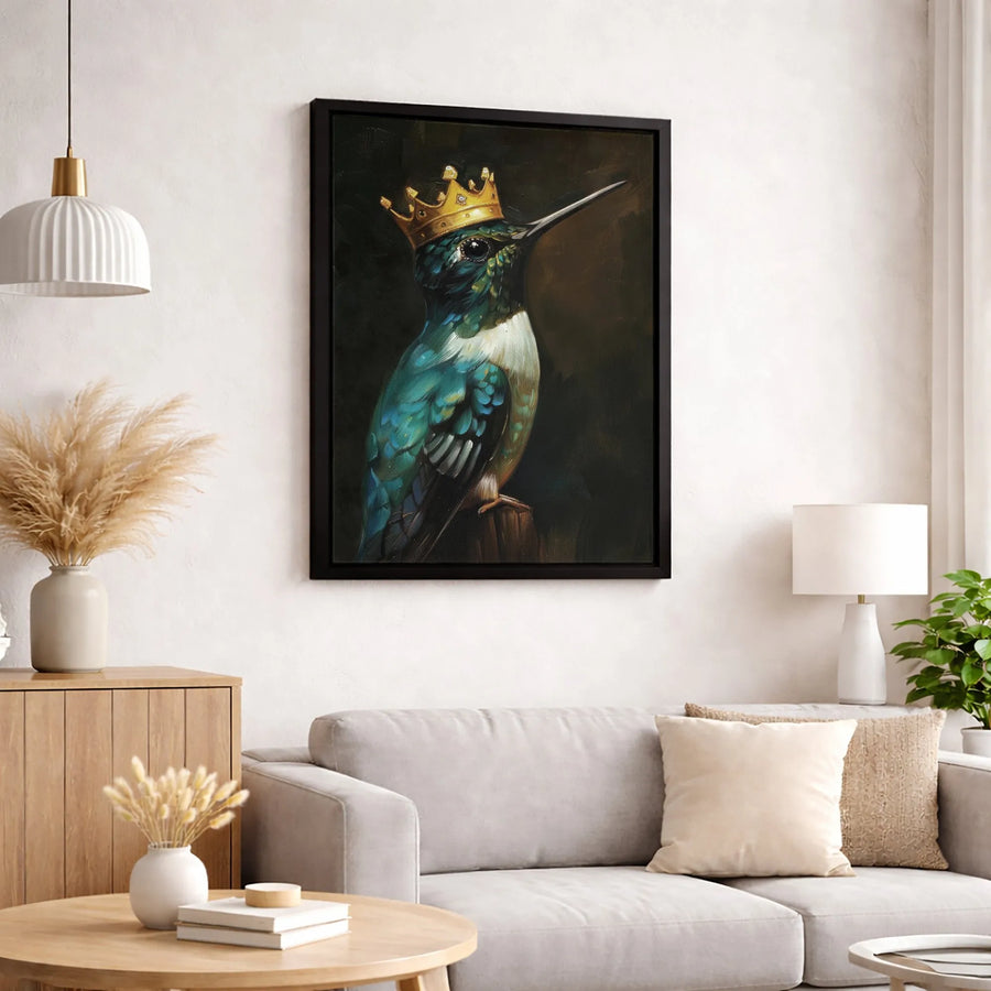 Hummingbird Wall Art | Majestic Bird Wearing Gold Crown Portrait | Gallery Wrapped Canvas Print | Elegant Nature Home Decor Gift